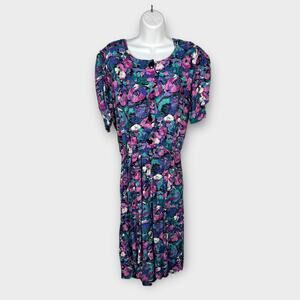 Vintage Floral Culotte Romper Dress Purple Black Secretary Style Medium/12